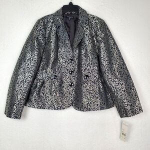 Notations Blazer Peplum Womens Petite XL Black Silver Lined Large Buttons NWT